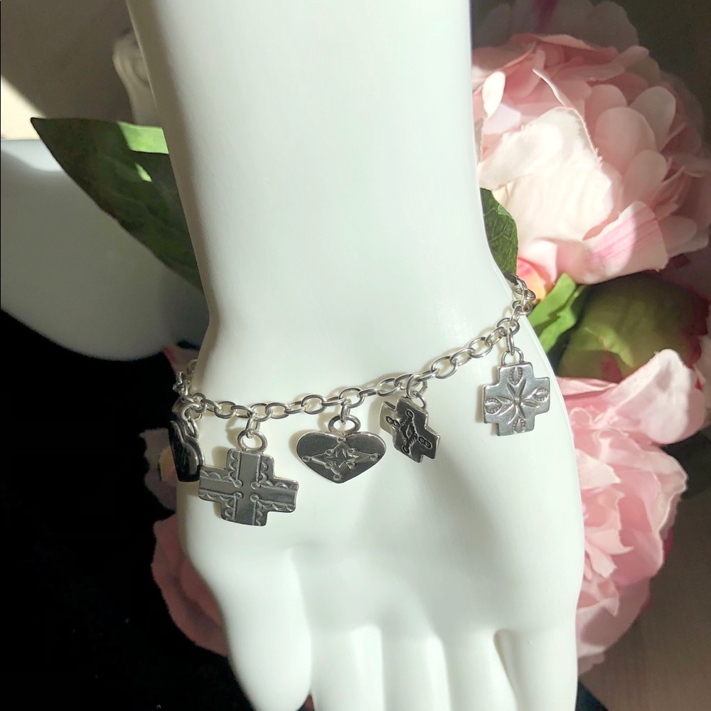 Sterling Silver Charm Bracelet w/Hearts&Crosses - Picture 6 of 7